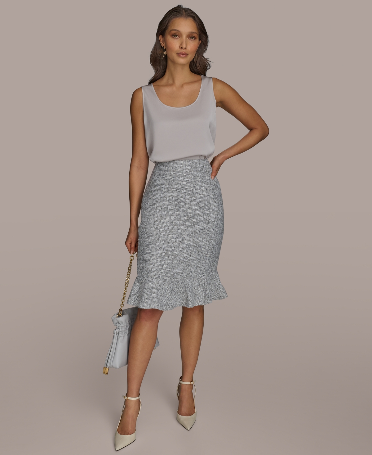 Shop Donna Karan Women's Tweed Ruffle Hem Skirt, Regular & Petite In Limestone Multi