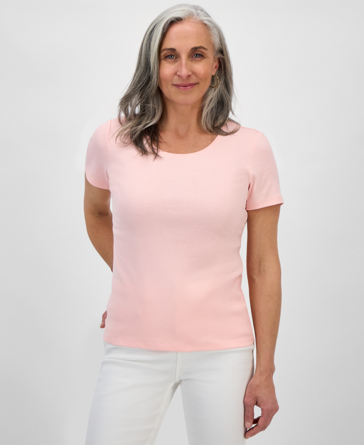 Style & Co Petite Cotton Scoop-neck Short-sleeve Top, Created For Macy's In Peachy Pink