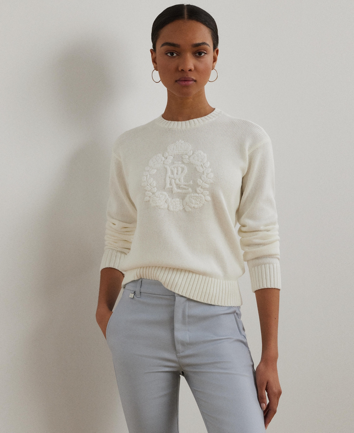 Women's Floral-Logo Combed Cotton Sweater, Regular & Petite - White
