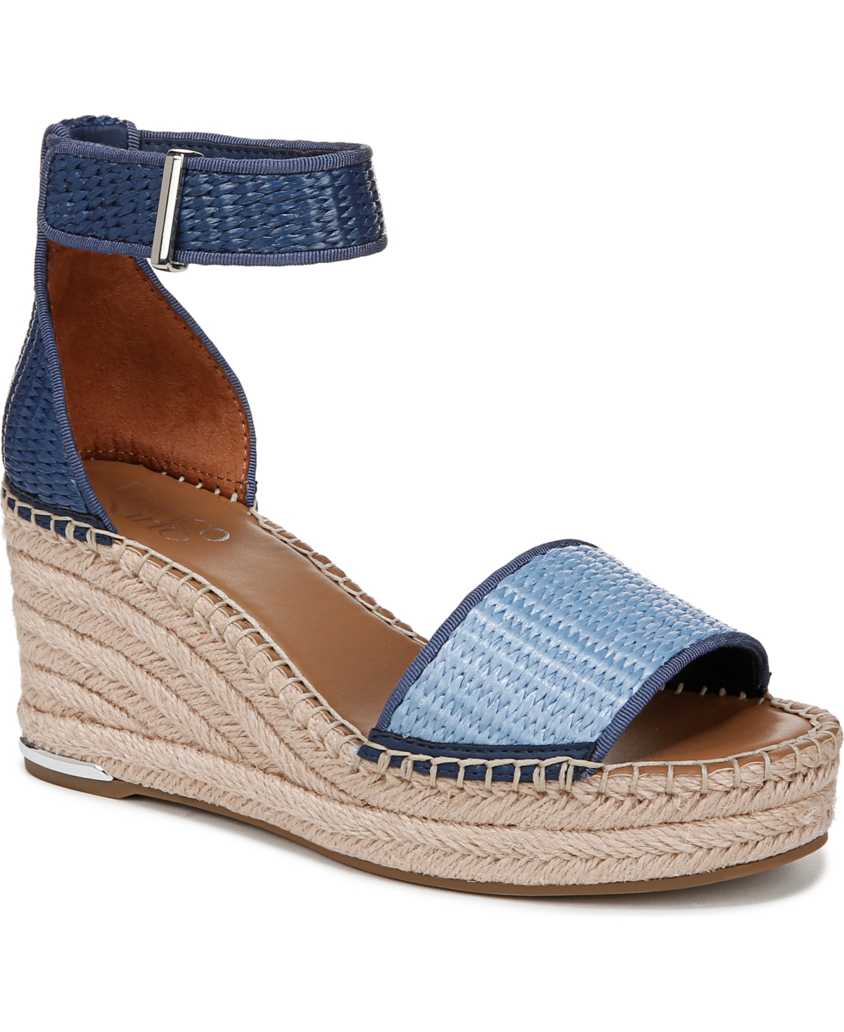 Franco Sarto Clemens Ankle Strap Wedge Sandal In Denim Blue Raffia