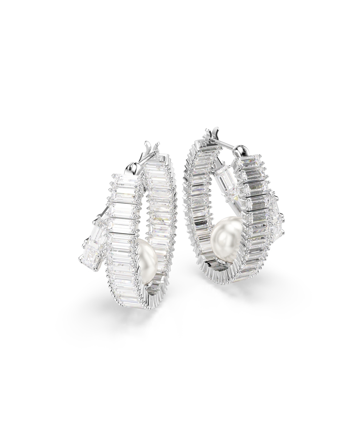 Swarovski Baguette Cut White Rhodium Plated Hoop Earrings In White