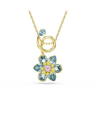 Idyllia Mixed Cuts Flower Blue Gold-Tone Plated Pendant Necklace