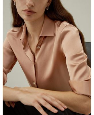 Women's Minimalist Placket Silk Blouse with Shell Buttons
