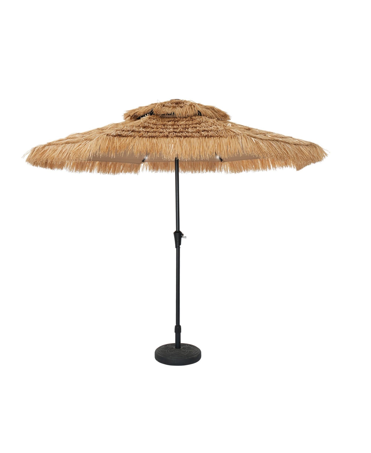 10 ft. Outdoor Double Layer Hawaiian Style Market Umbrella in Brown with Base and 32-Light Beads - Brown