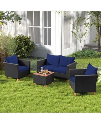 4 PCS Wicker Patio Furniture Set w/ Removable Cushions Storage Coffee Table