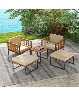 5 PCS Acacia Wood Patio Furniture Set w/ Ottomans Soft Cushions & Coffee Table