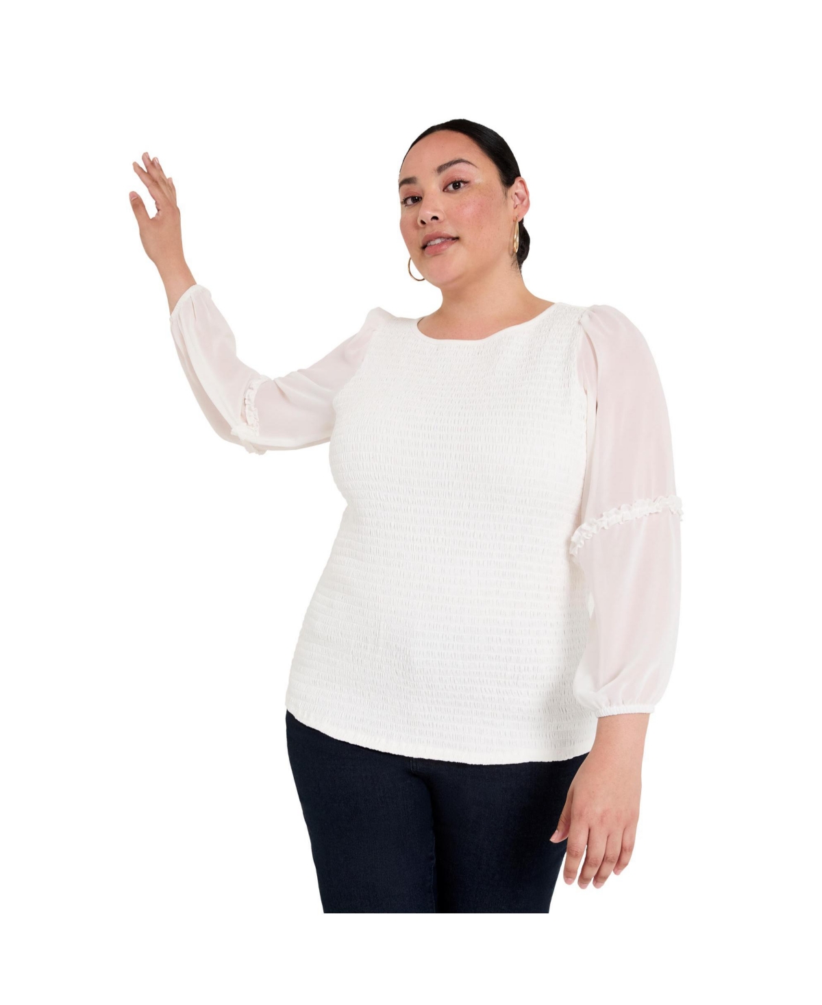 Plus Size June + Vie Puff-Sleeve Smocked Blouse - Sugar swizzle