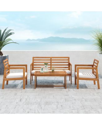 4 PCS Wood Patio Furniture Set w/ Soft Seat Cushions Solid Acacia Wood Frame