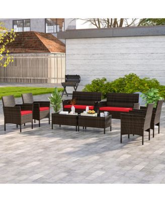 8 PCS Patio Furniture Set w/Washable Cushions & Tempered Glass Coffee Table