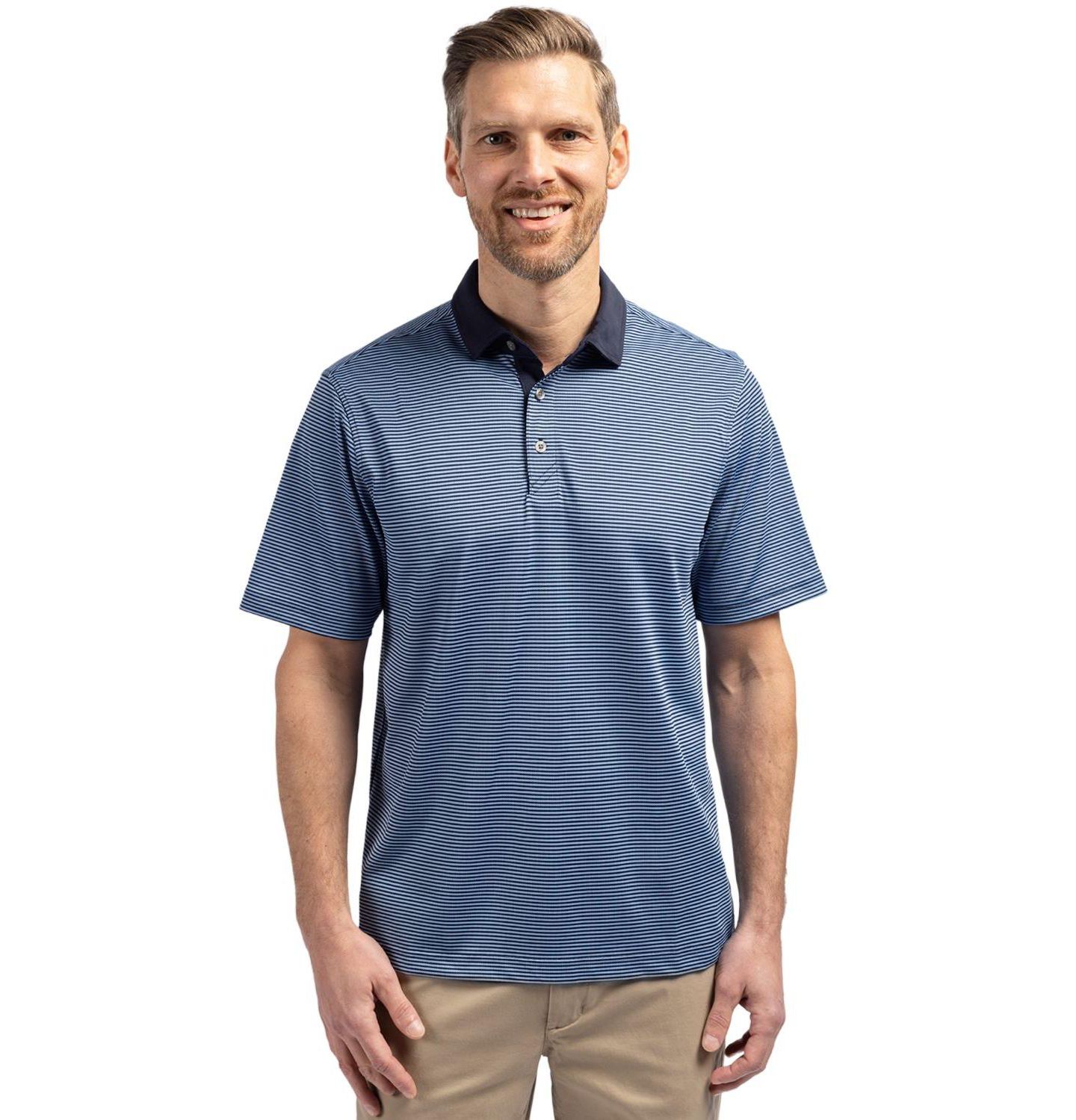 Мужское поло Cutter & Buck Cutter Buck Virtue Eco Pique Micro Stripe Recycled Polo Shirt, цвет: Тёмно-синий — фото 1