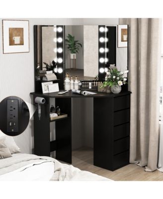 Corner Vanity Desk Cosmetic Vanity Station with LED Mirror,& Power Outlets
