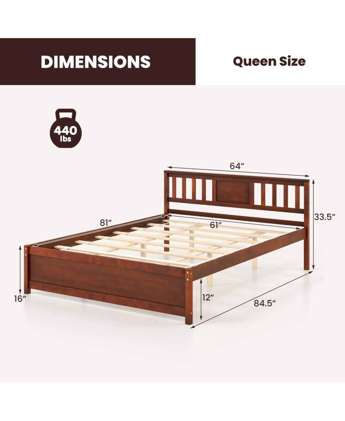 Wooden Platform Bed with Headboard and Slat Support