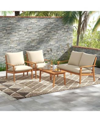 4 Pieces Outdoor Acacia Wood Conversation Set with Soft Cushions and Coffee Table-White