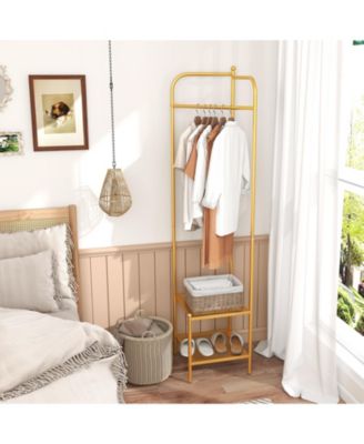 Corner Coat Rack with Top Hanger and 2 Mesh Shelves for Entryway, Hallway, Living Room, or Bedroom Storage