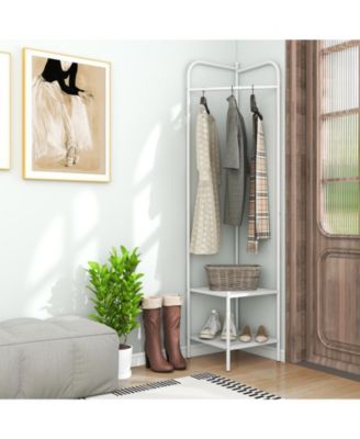 Corner Coat Rack with Top Hanger and 2 Mesh Shelves for Entryway, Hallway, Living Room, or Bedroom Storage