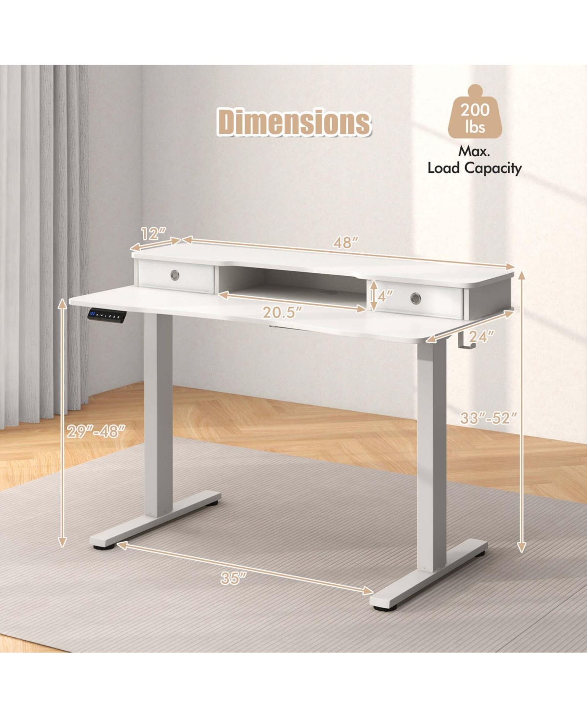 48"x 24" Electric Standing Desk with 2 Drawers Monitor Stand Storage Shelf