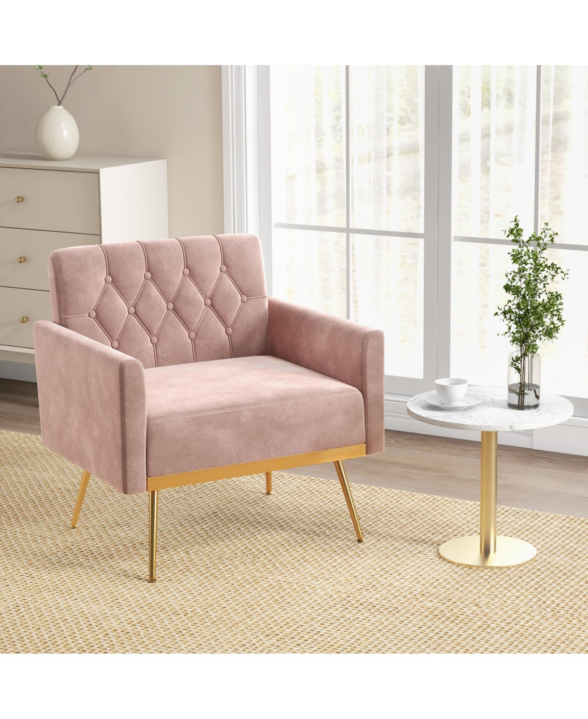 Modern Velvet Accent Chair with Button Tufted Back Metal Legs and Adjustable Foot Pads