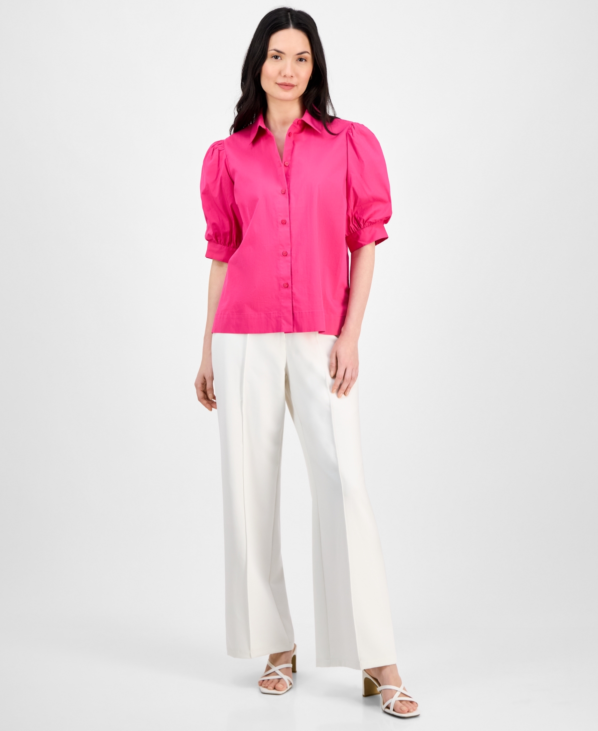 T Tahari Women's Button-front Short-blouson-sleeve Shirt In Tulip Pink