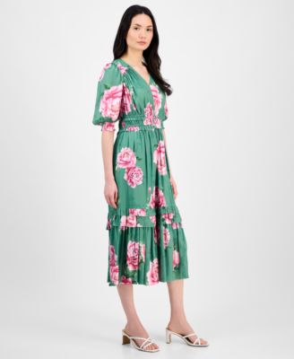 Women's Printed V-Neck Fit & Flare Ruffle Dress