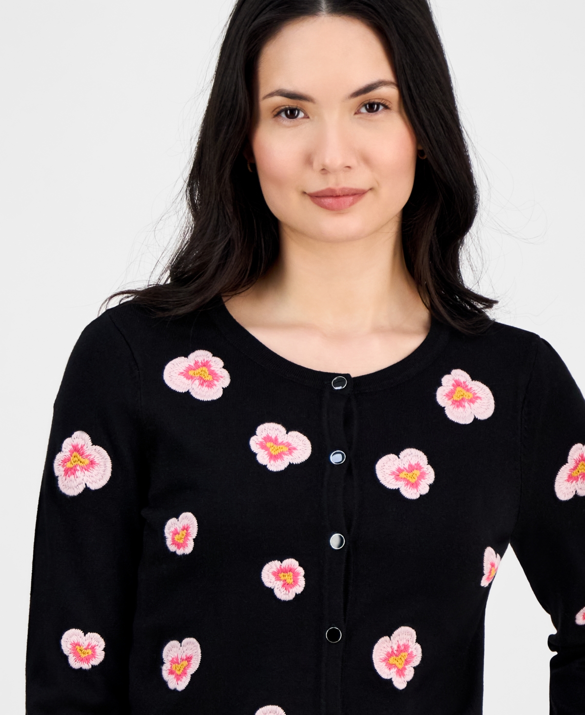 T Tahari Women's Floral-embroidered Button-front Cardigan In Black With Pink Flowers