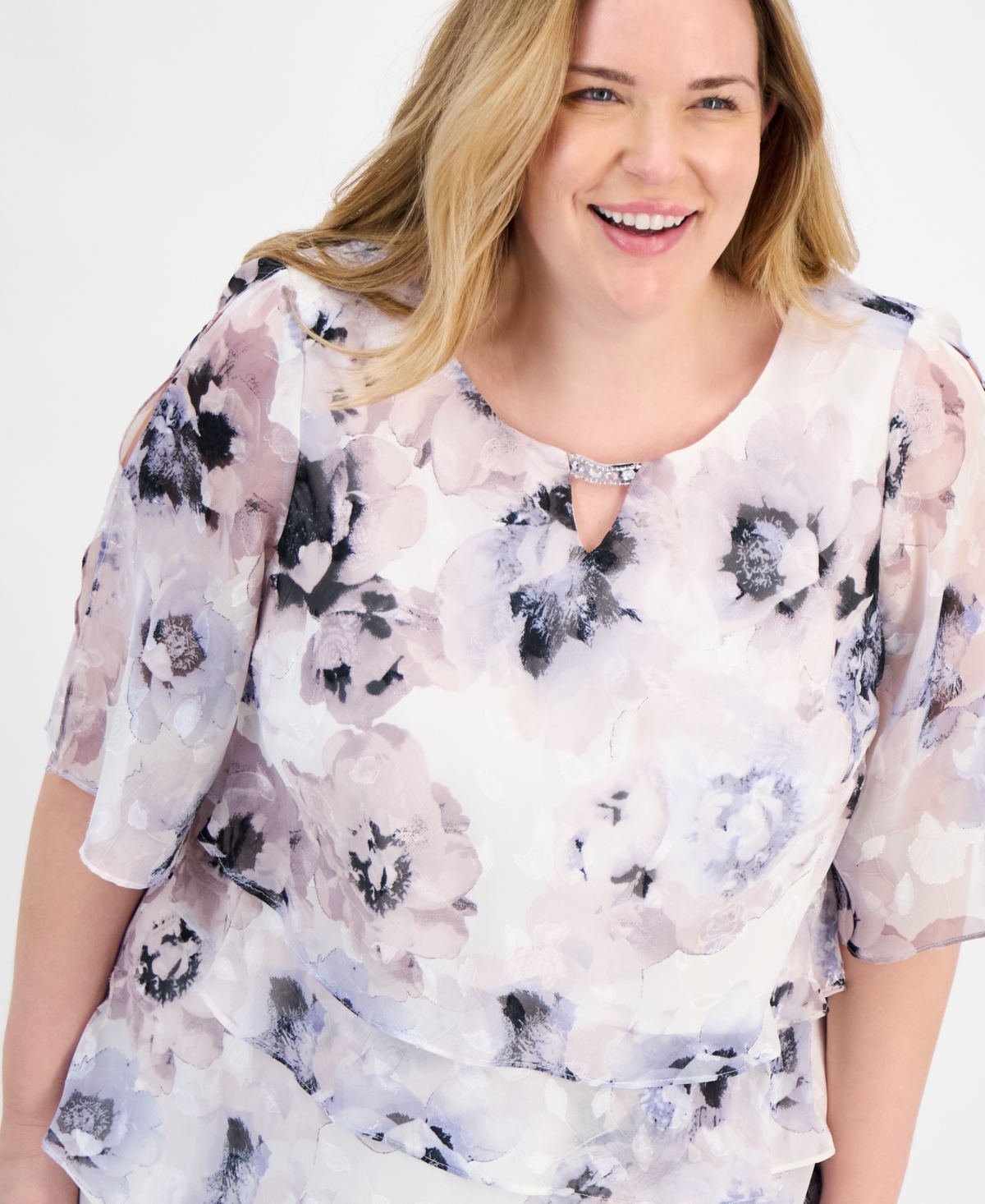 Alex Evenings Plus Size Tiered Floral Chiffon Top In Ivory Multi