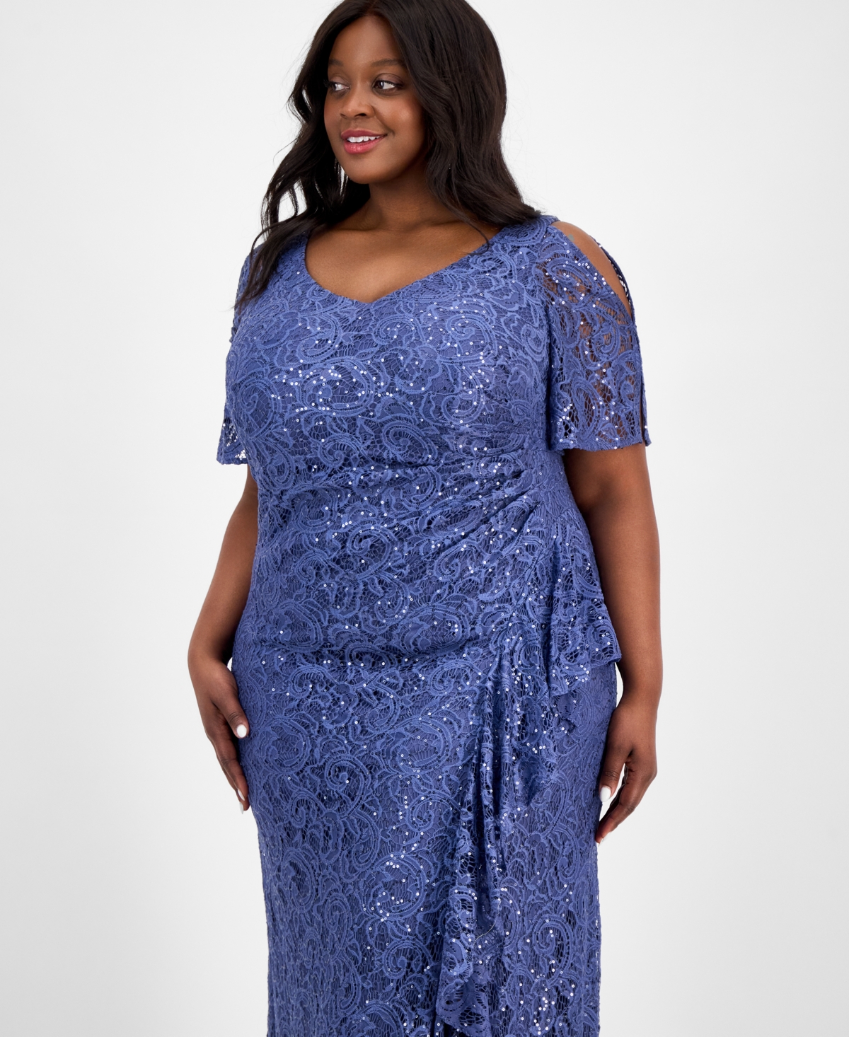 Alex Evenings Plus Size V-neck Ruffle-trim-slit Sequin Dress In Wedgewood