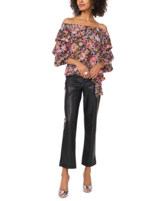 Women's Floral Off-The-Shoulder Bubble 3/4-Sleeve Tie-Front Blouse