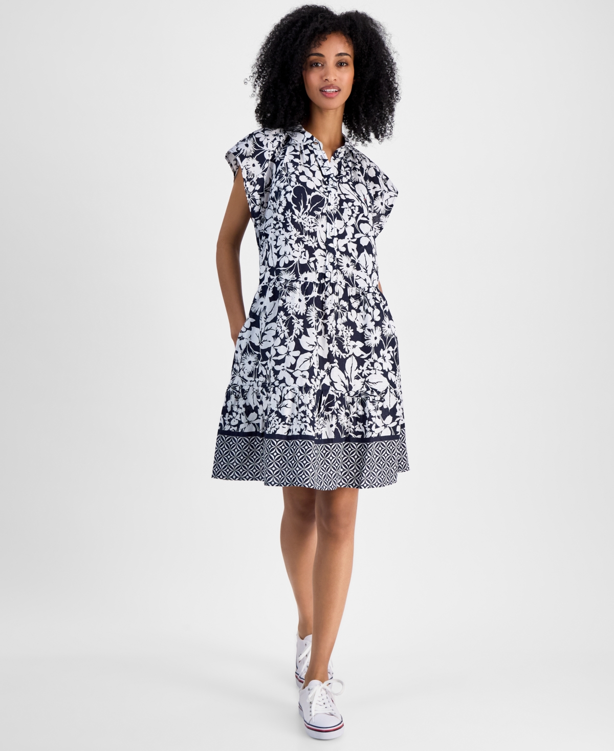 Tommy Hilfiger Women's Floral-print Linen-blend Shirt Dress In Sky Captain,bright White