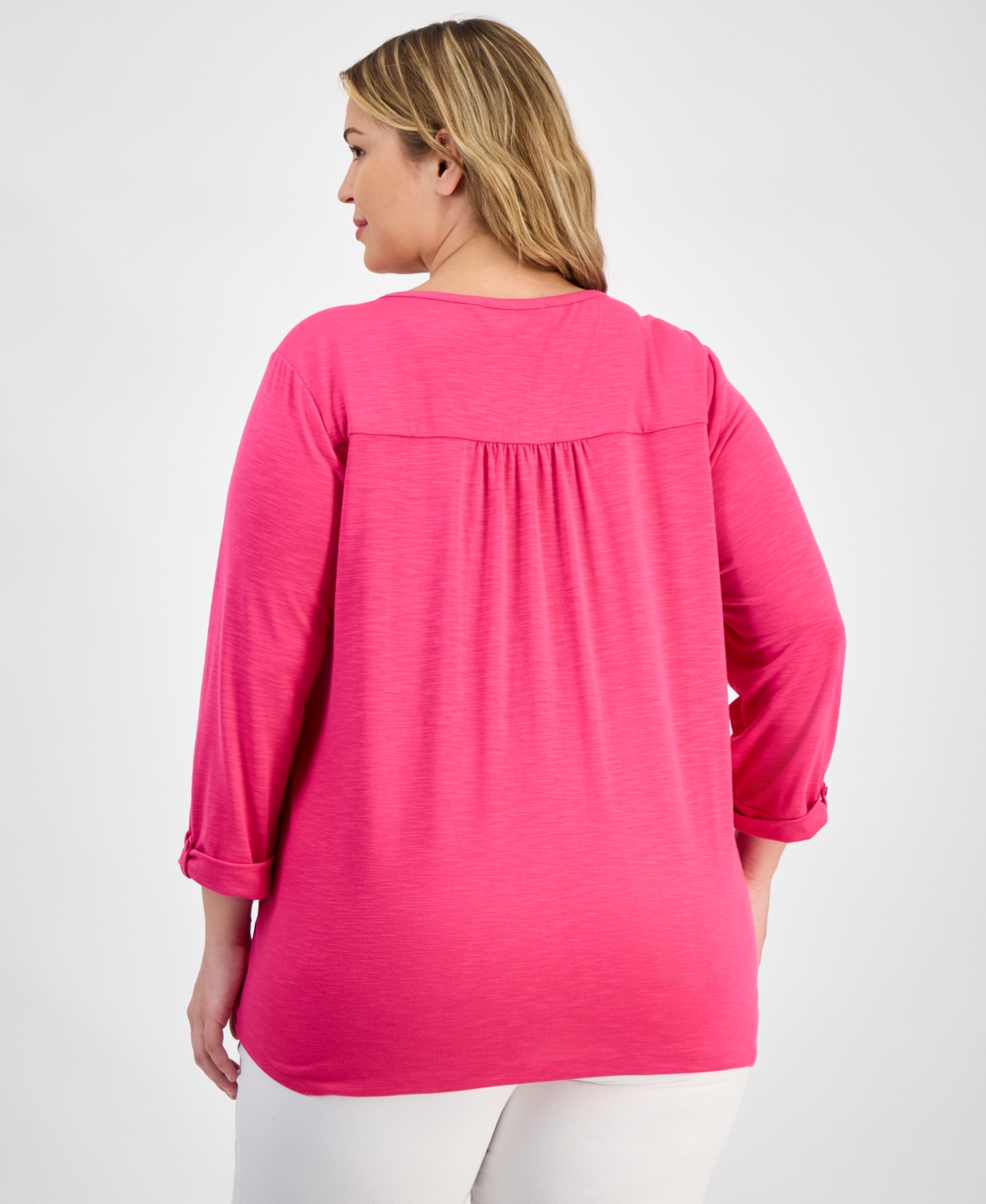 Kasper Plus Size Draped 3/4-sleeve Henley Top In Hot Pink