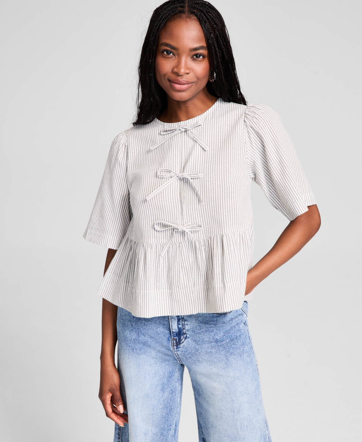 Women's Cotton Tie-Front Peplum Top, Exclusively at Macy's - Indigo Batik Stripe