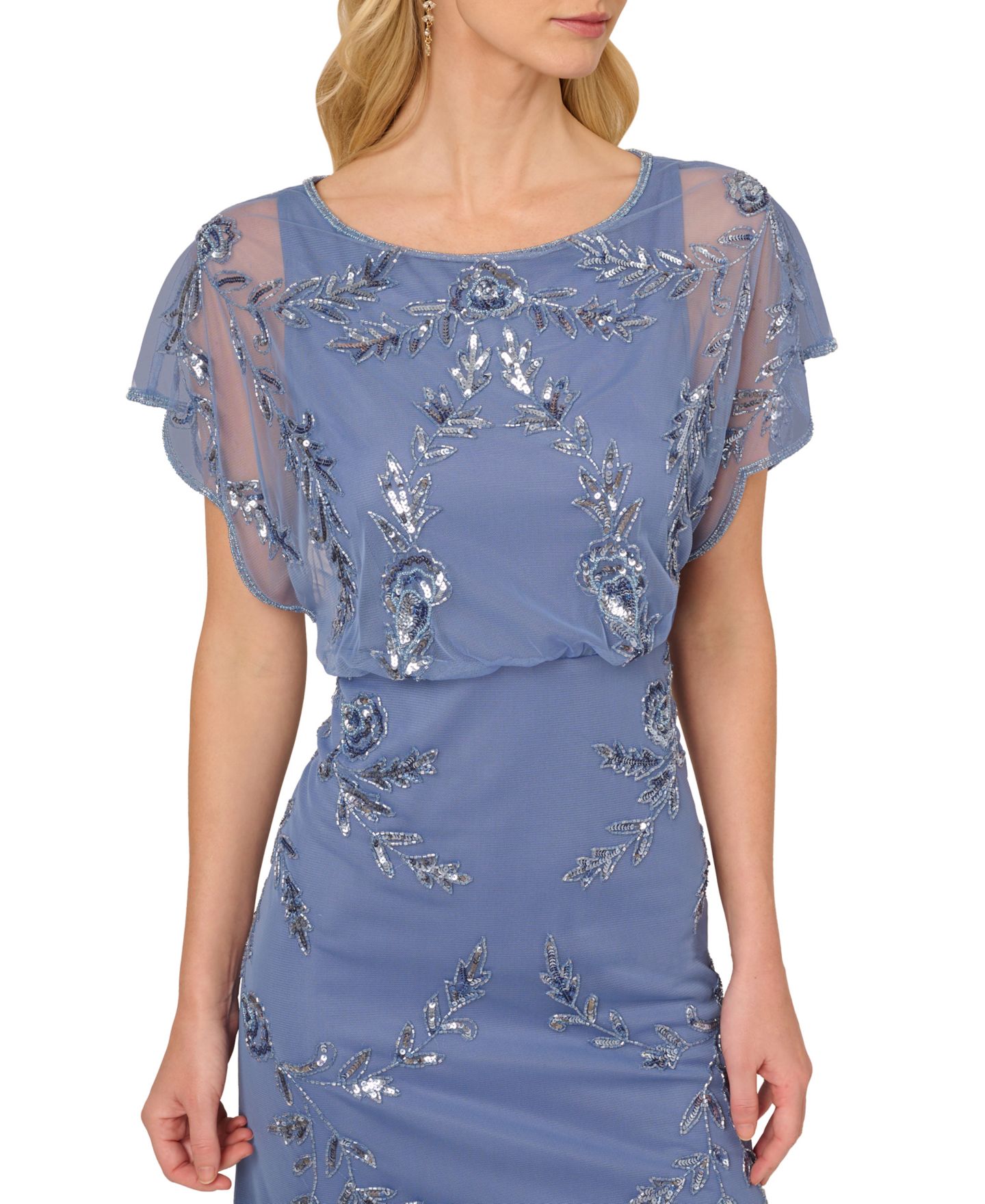 Женские платья Adrianna Papell Beaded Flutter-Sleeve Blouson Gown, цвет: Синий — фото 3