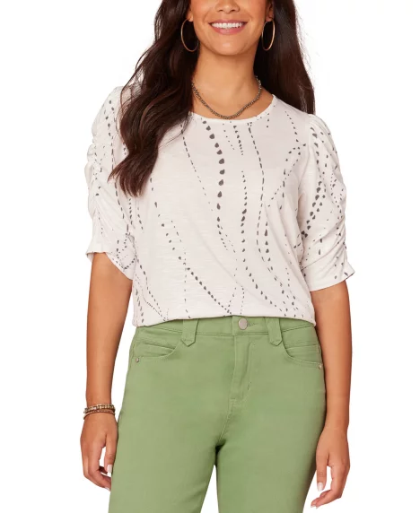 Petite Printed Ruched-Sleeve Scoop-Neck Top - Off White