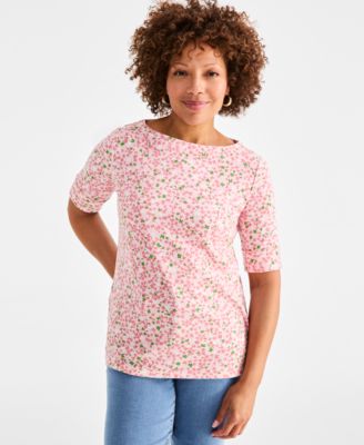 Style & Co Women's Printed Boat-Neck Elbow-Sleeve Top