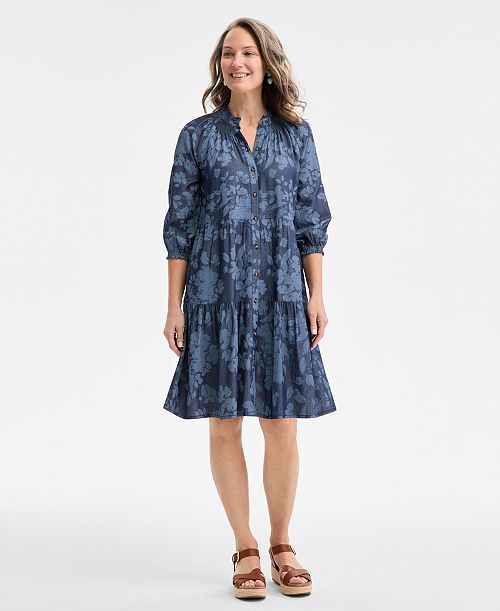 alfani Style & Co Petite Smocked 3/4-Sleeve Tiered Shirtdress Exclusively at Macy's Women's Fashion Shoes & Accessories