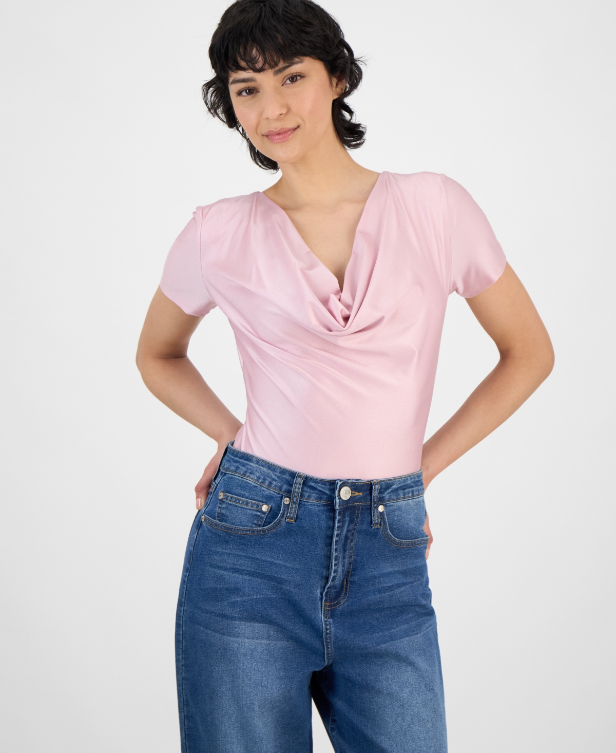 Women's Short-Sleeve Cowlneck Bodysuit, Created for Macy's - Dusty Olive