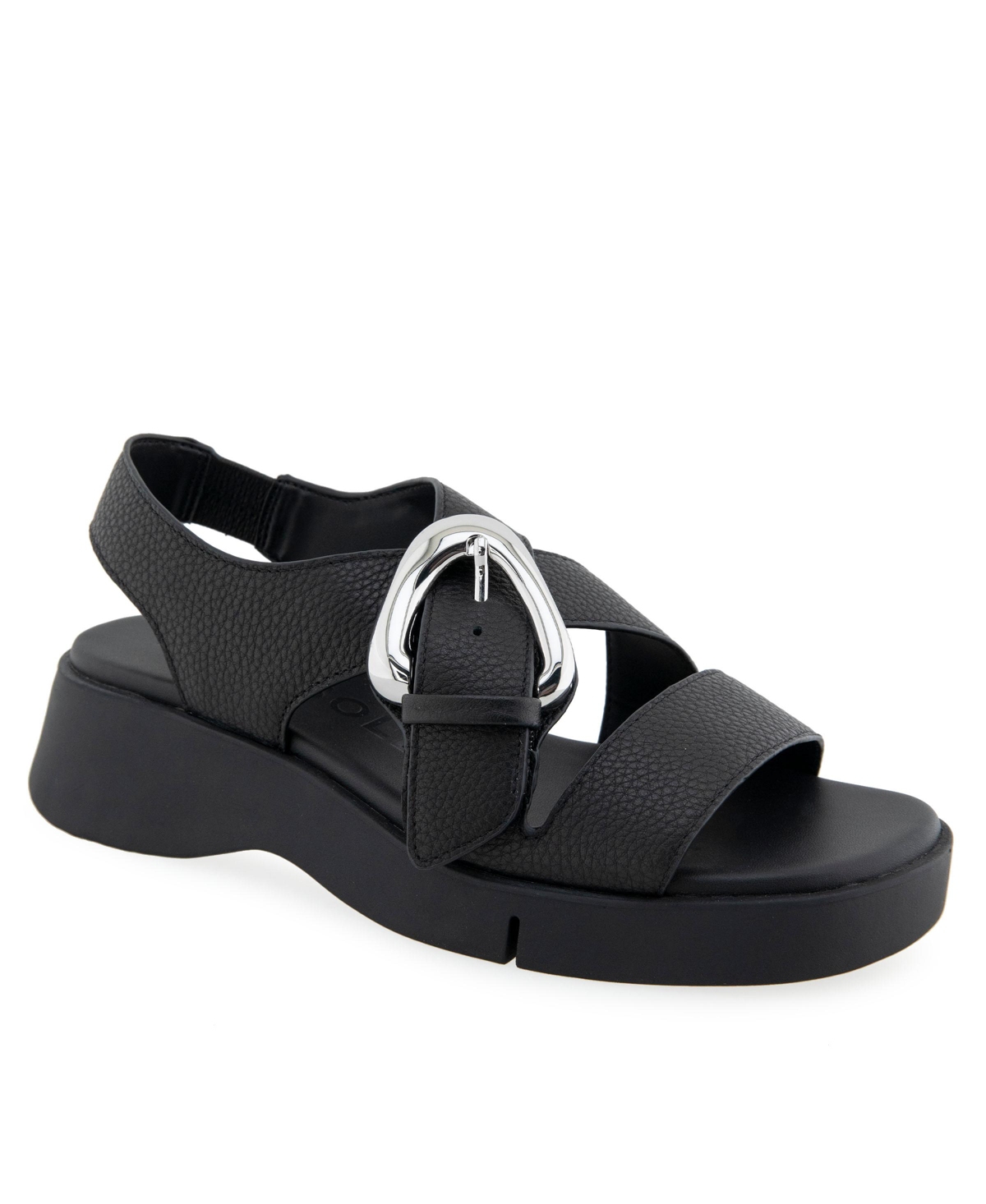 Shop Aerosoles Women's Fez Round Toe Flatform Sandals In Black Pebbled Leather