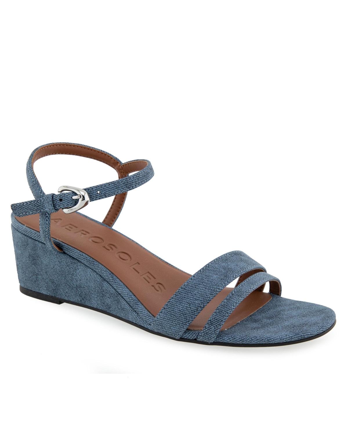 Shop Aerosoles Women's Witt Round Toe Wedge Sandals In Blue Denim Textured Faux Leather