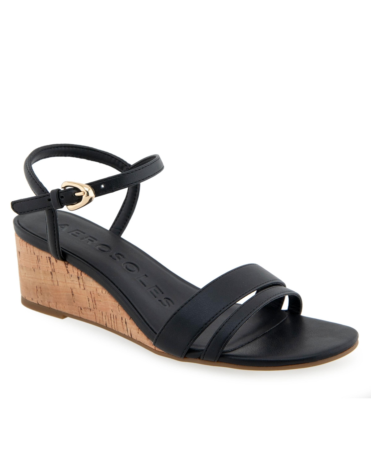 Shop Aerosoles Women's Witt Round Toe Wedge Sandals In Black Faux Leather,cork