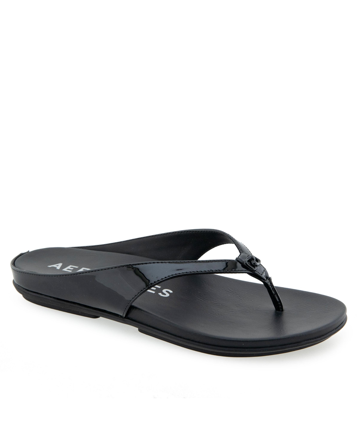 Shop Aerosoles Women's Fisher Round Toe Thong Sandals In Black Patent Faux Leather