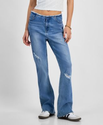 Juniors' Mid-Rise Raw-Waistband Flare-Leg Jeans 