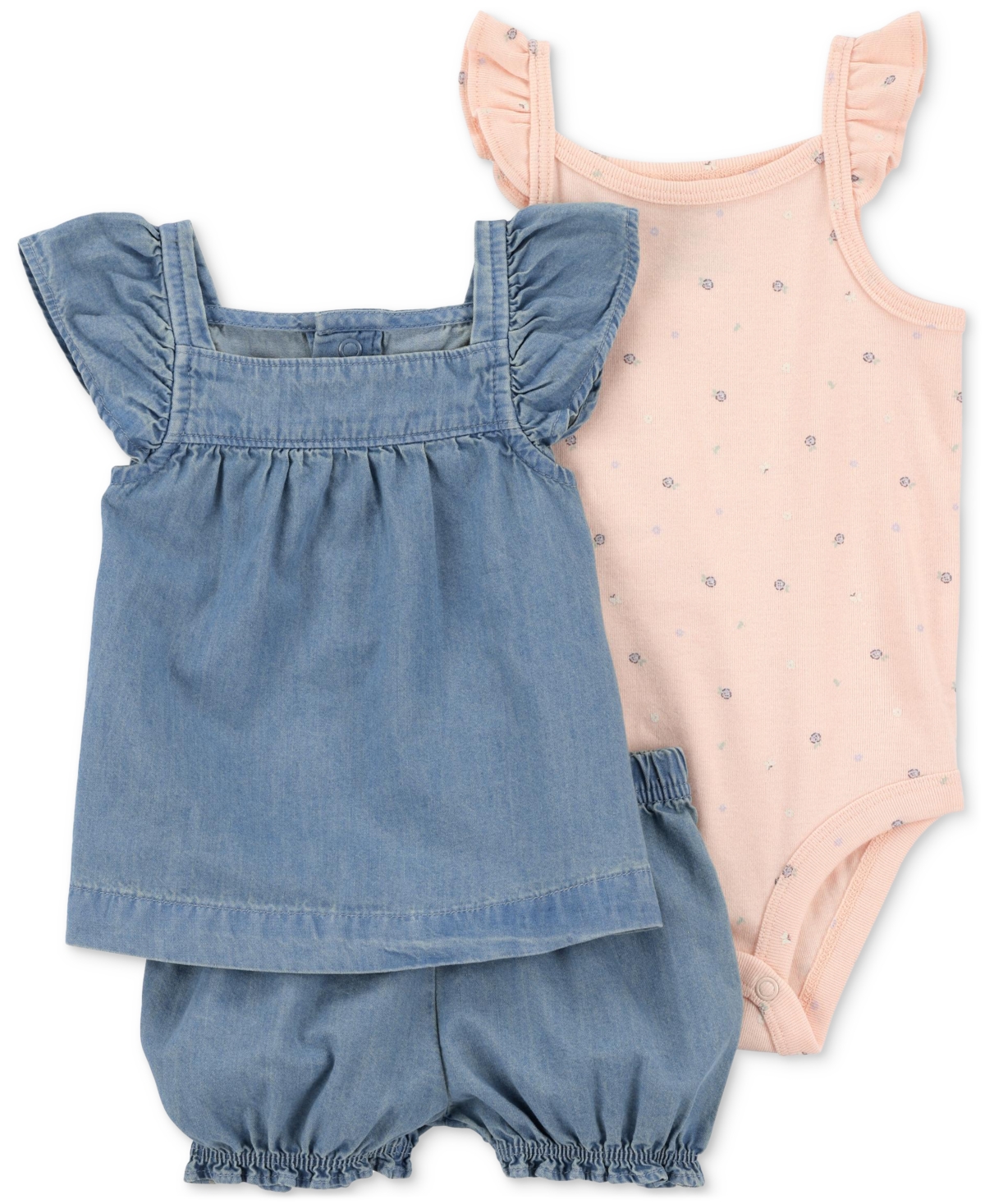 Carter's Baby Girls Cotton Chambray Top, Shorts & Printed Bodysuit, 3 Piece Set In Blue