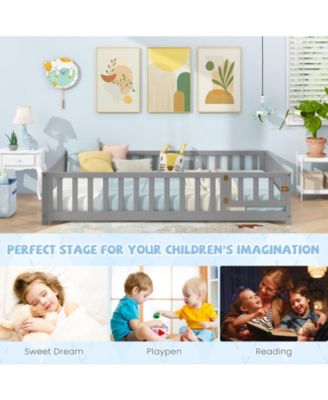 Montessori Bed Frame with Full-length Guardrails Safety Door and Latch