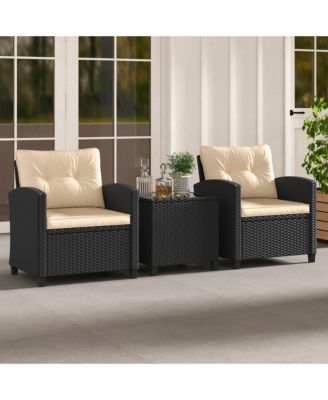 3 PCS Patio Furniture Set w/Tempered Glass Coffee Table Washable Cushions