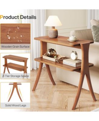 Narrow Side Table for Living Room, Farmhouse End Table with 2-Tier Storage Shelf and Solid Wood Legs
