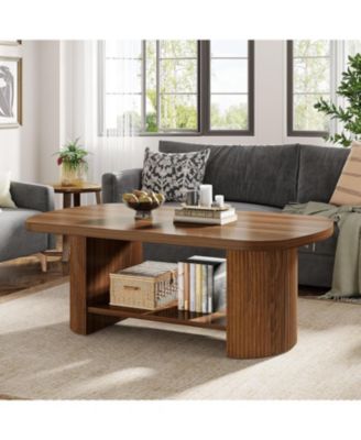 Oval Coffee Table, Mid-Century 2-Tier Coffee Table with Storage Shelf