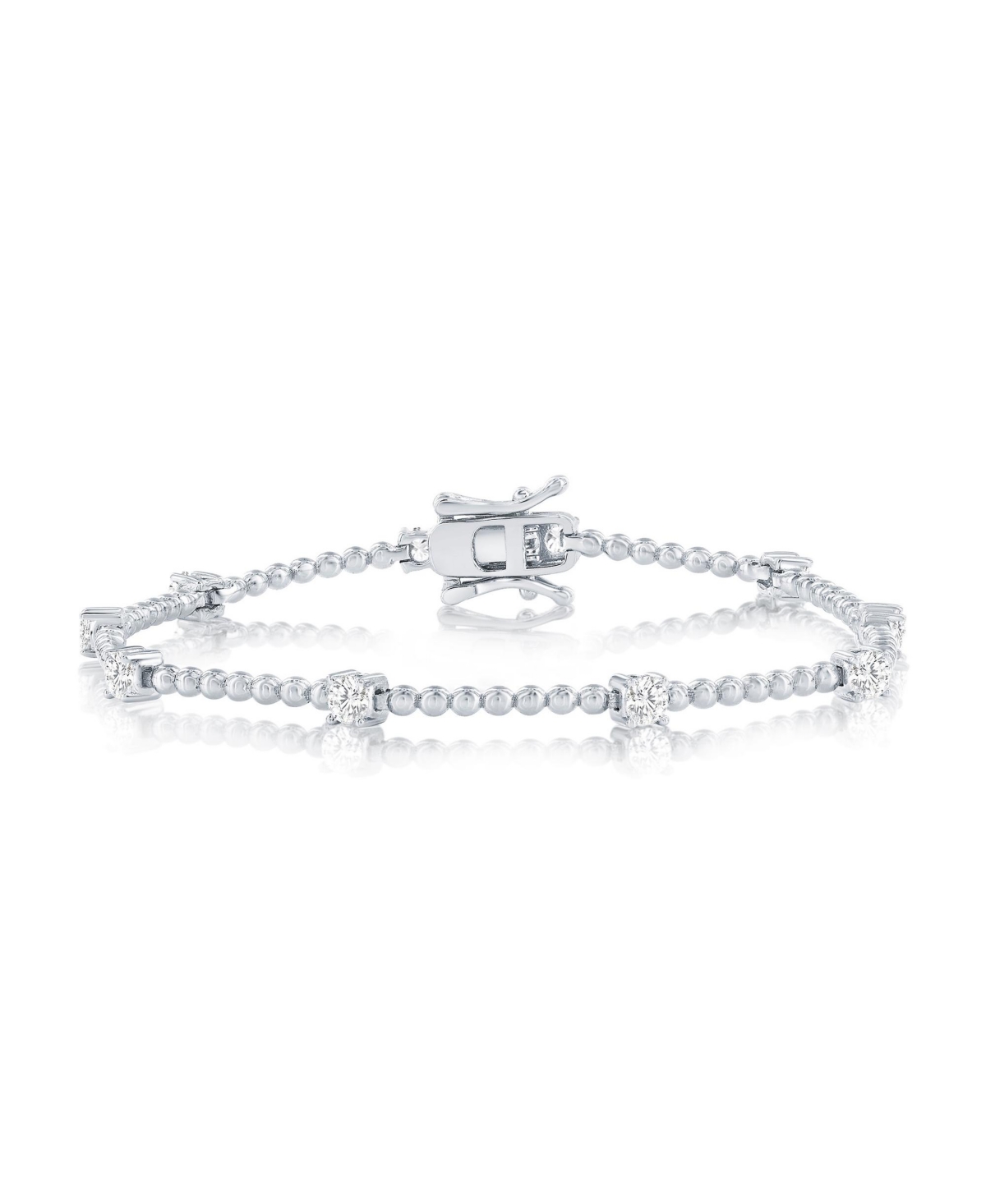 Sterling Silver, Round Cz & Beaded Bracelet - Gold