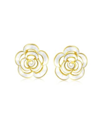 Fashion Enamel 3D White Rose Flower Stud Earrings Button Style For Non-Pierced Ears Gold Plated