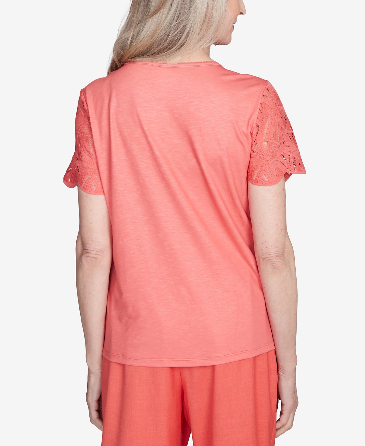 Alfred Dunner Plus Size Catalina Island Lace Trimmed Textured Crew Neck Top In Tangerine