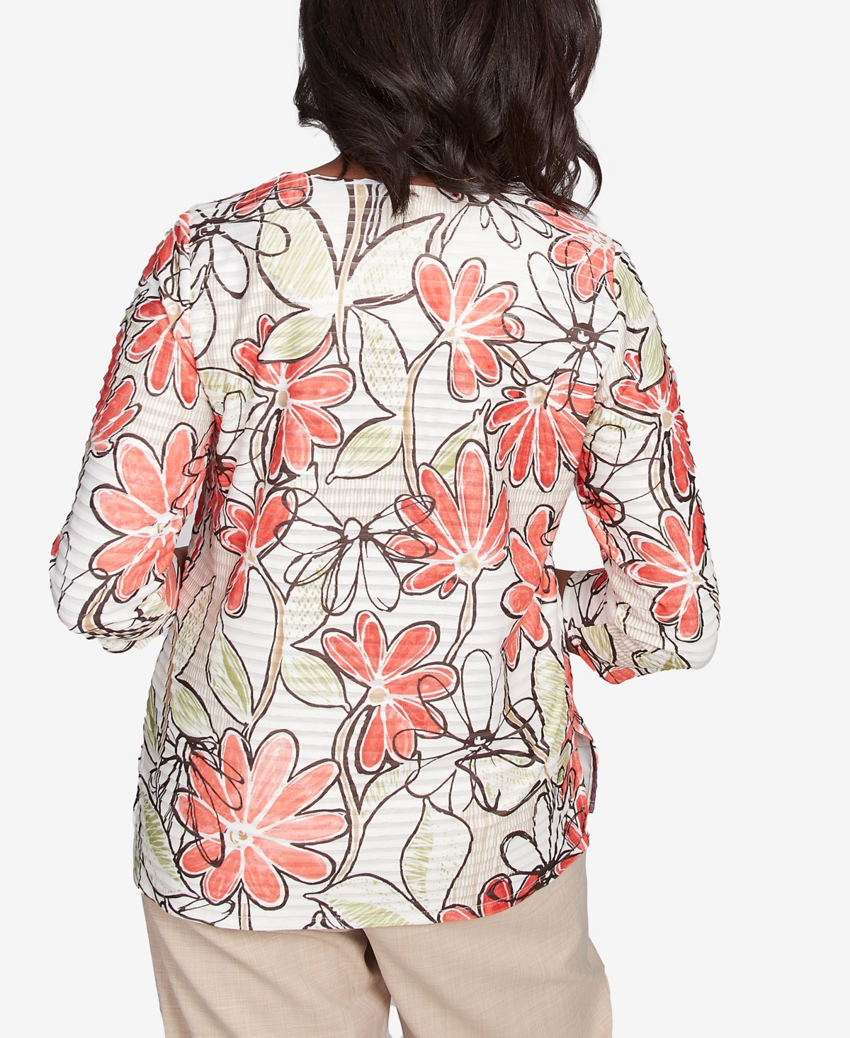 Alfred Dunner Women's Catalina Island Bold Island Floral Textured Top In Tangerine Multi