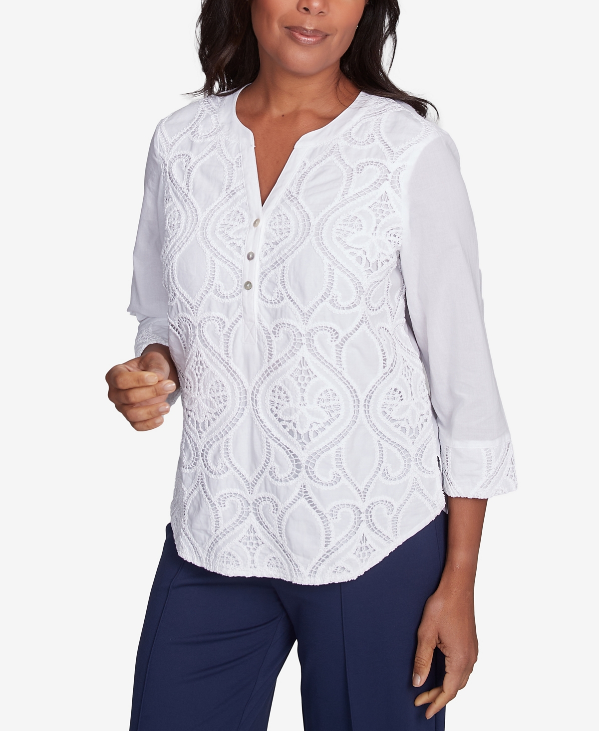 Alfred Dunner Petite Nantucket Lace Scroll Solid Henley Top In White